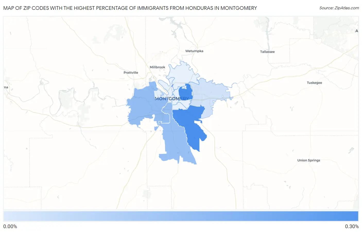 Zip Codes with the Highest Percentage of Immigrants from Honduras in Montgomery Map