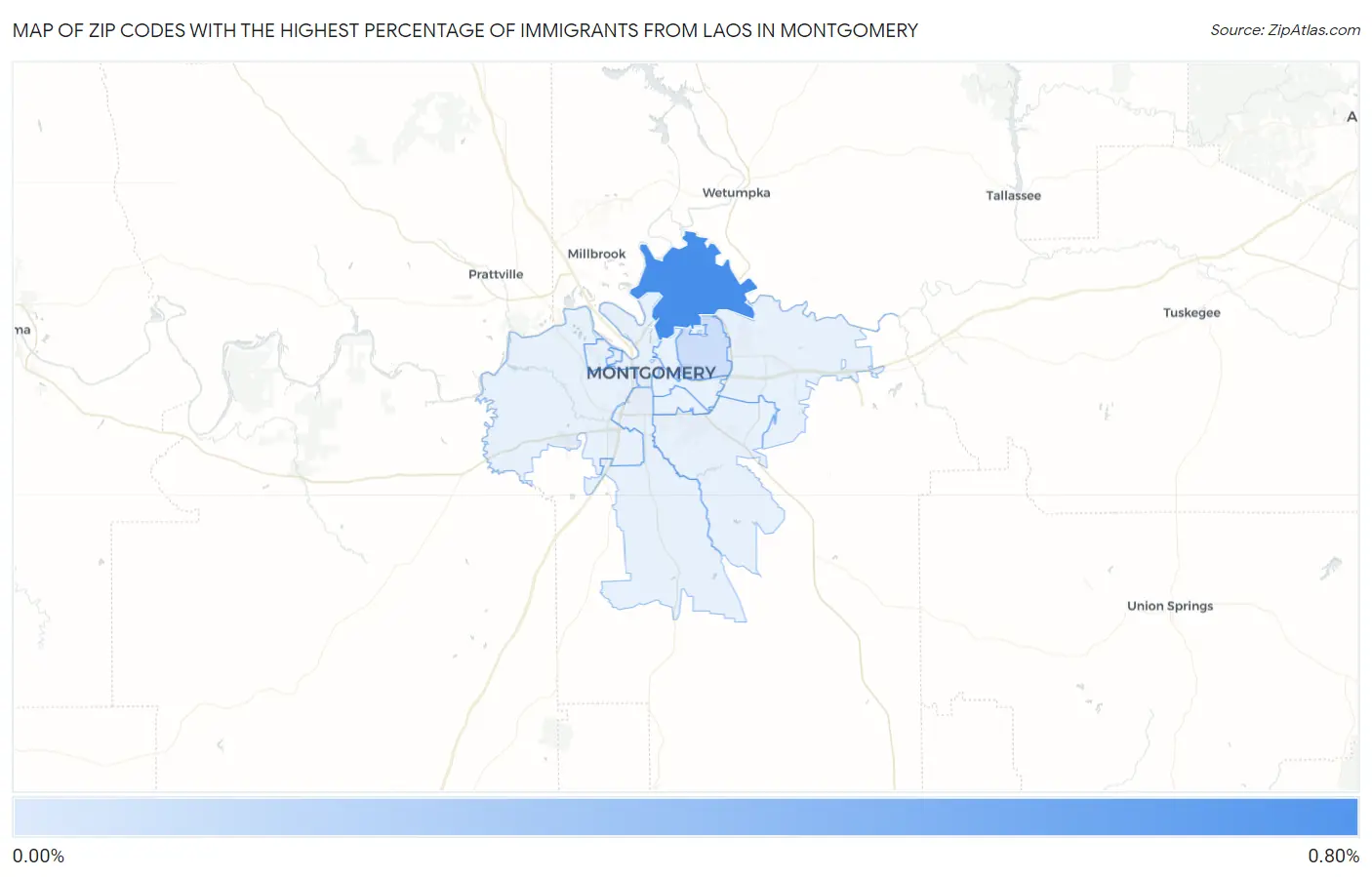 Zip Codes with the Highest Percentage of Immigrants from Laos in Montgomery Map