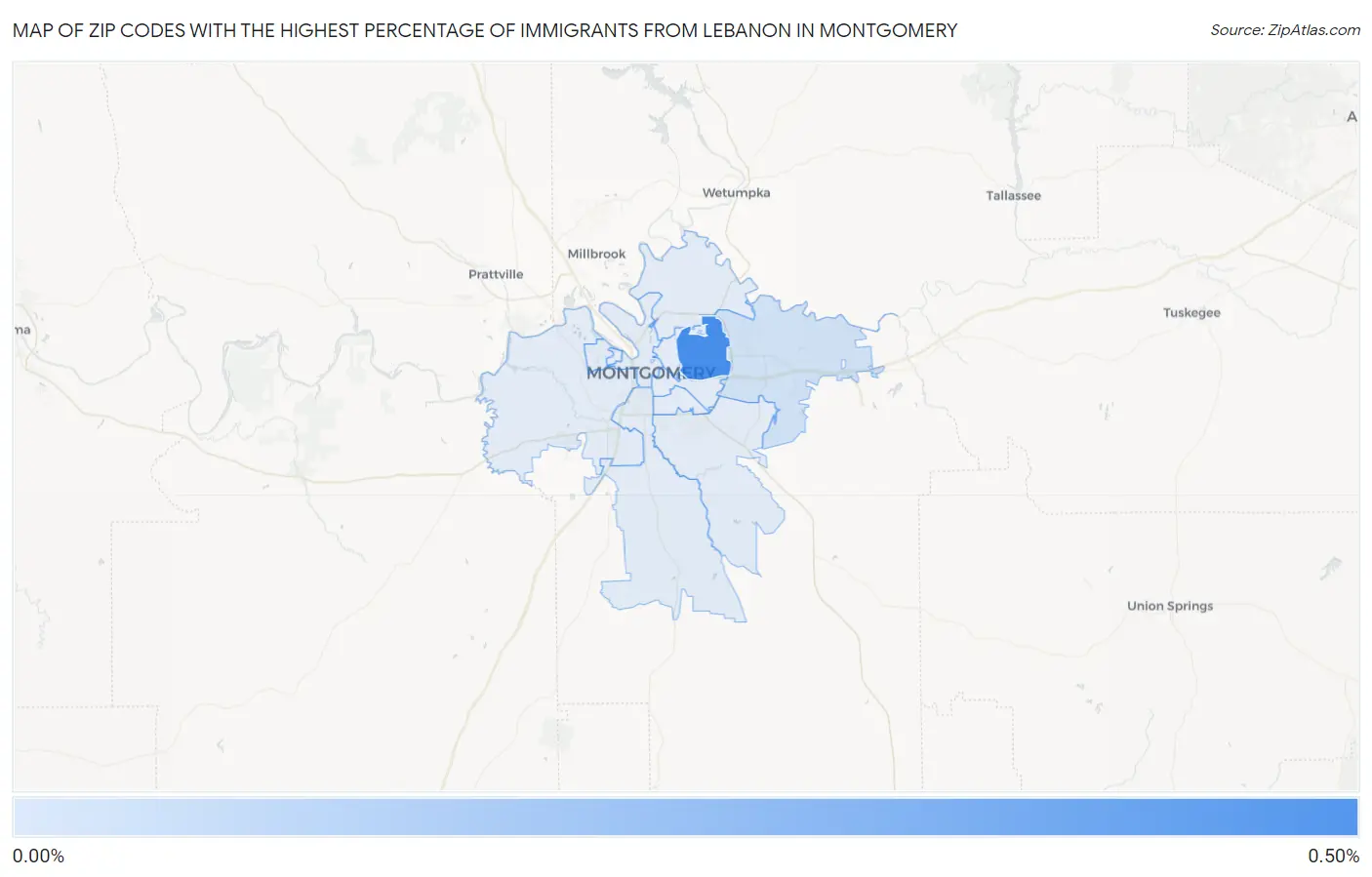 Zip Codes with the Highest Percentage of Immigrants from Lebanon in Montgomery Map