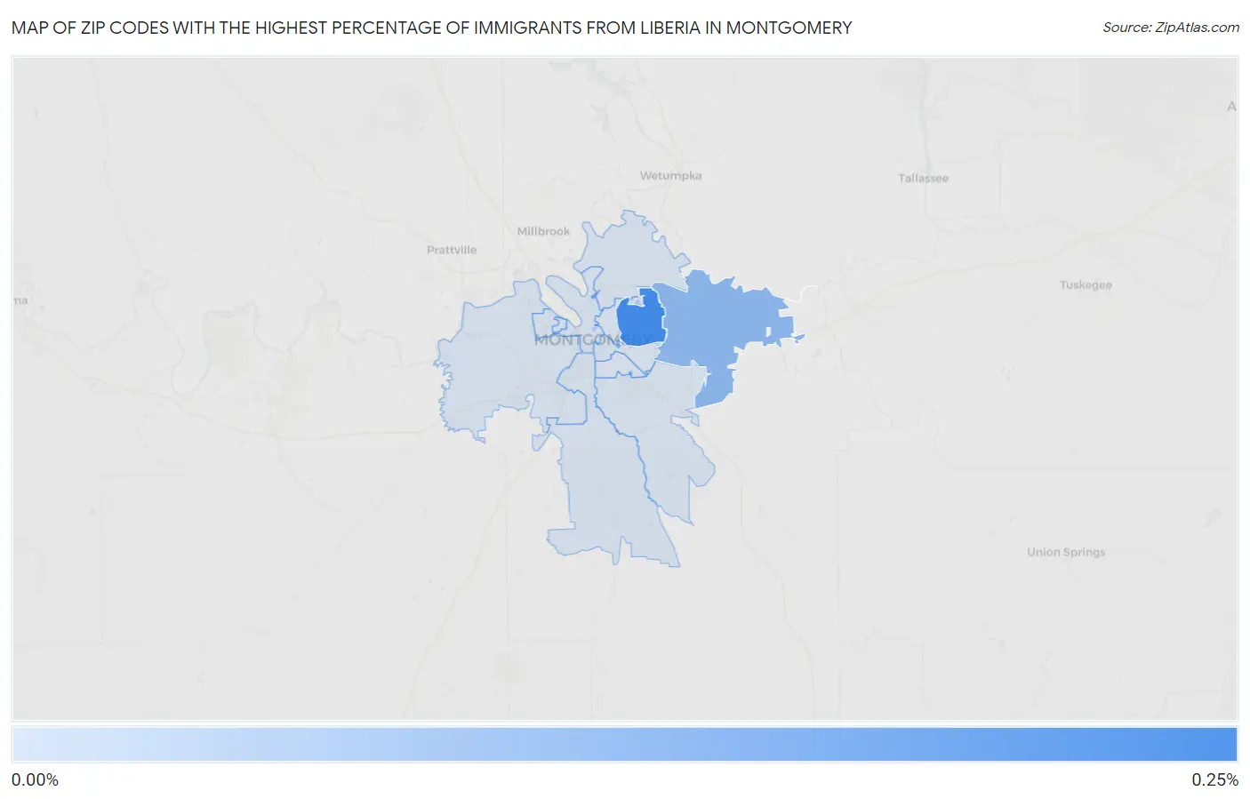 Zip Codes with the Highest Percentage of Immigrants from Liberia in Montgomery Map