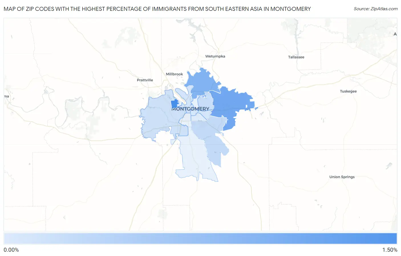 Zip Codes with the Highest Percentage of Immigrants from South Eastern Asia in Montgomery Map