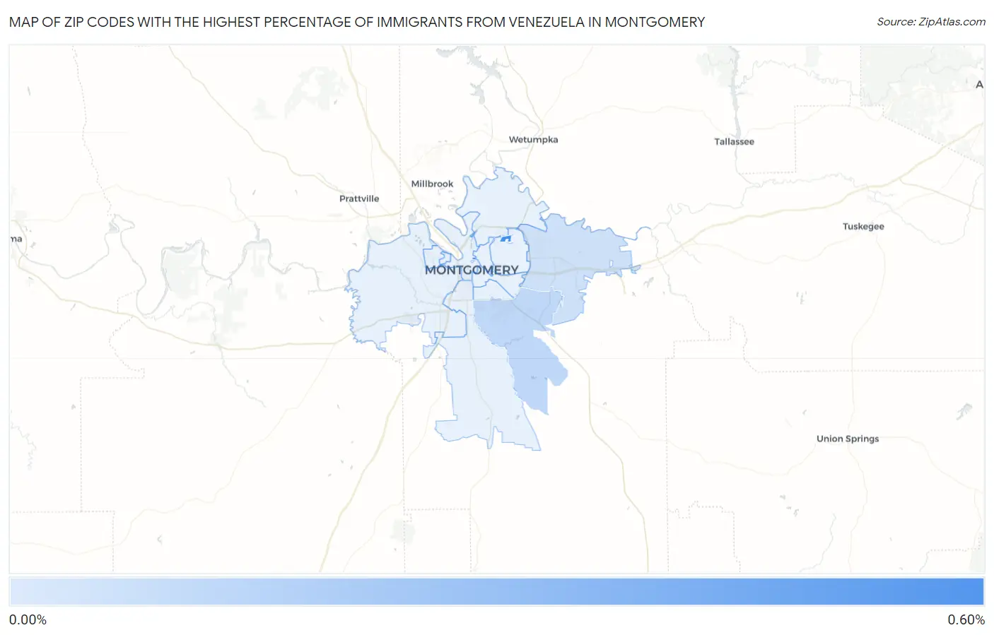 Zip Codes with the Highest Percentage of Immigrants from Venezuela in Montgomery Map
