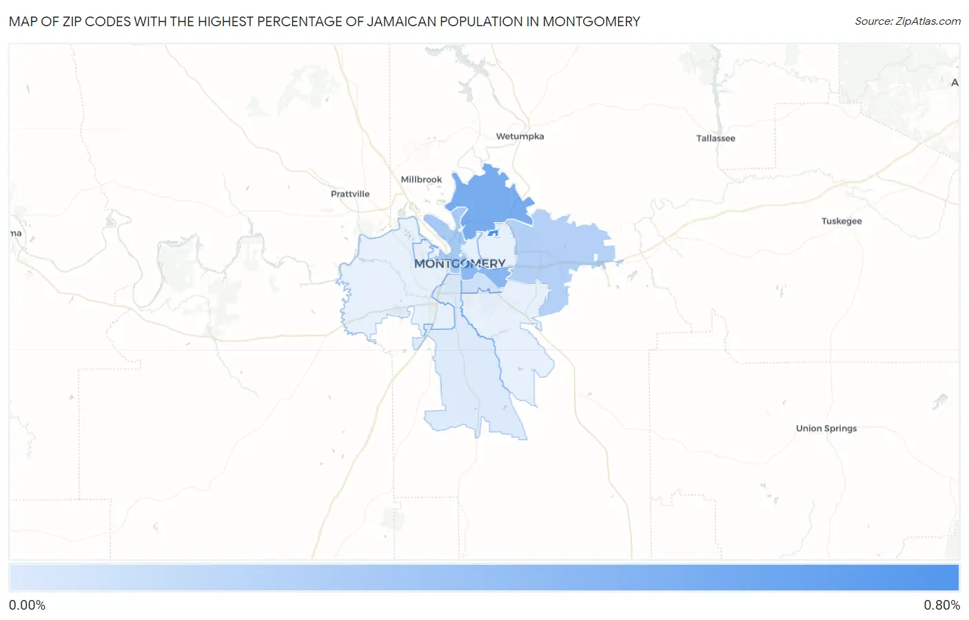 Zip Codes with the Highest Percentage of Jamaican Population in Montgomery Map