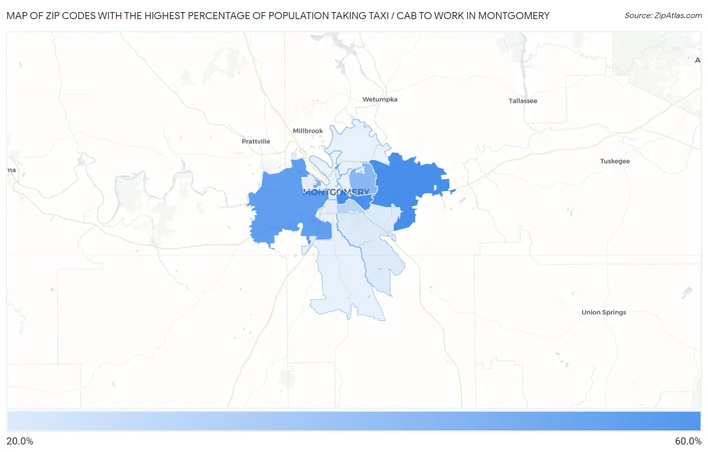 Zip Codes with the Highest Percentage of Population Taking Taxi / Cab to Work in Montgomery Map