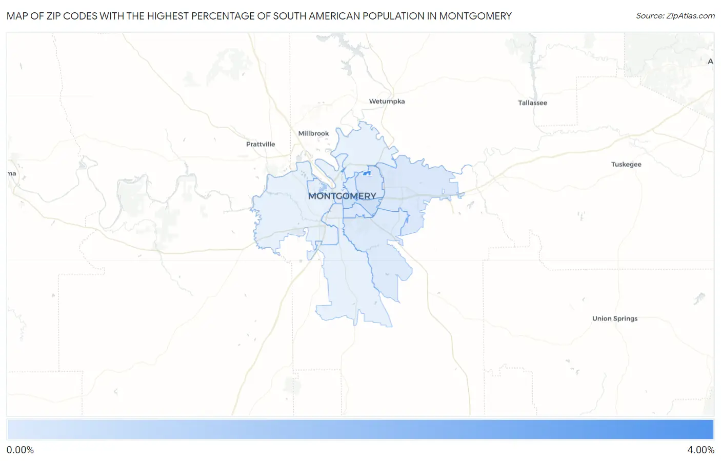 Zip Codes with the Highest Percentage of South American Population in Montgomery Map