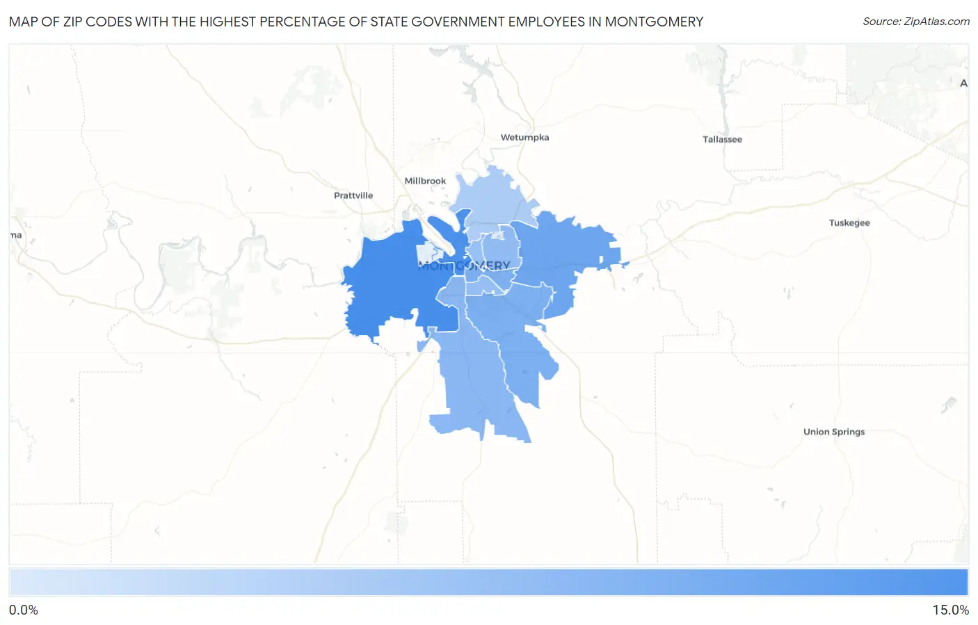 Zip Codes with the Highest Percentage of State Government Employees in Montgomery Map