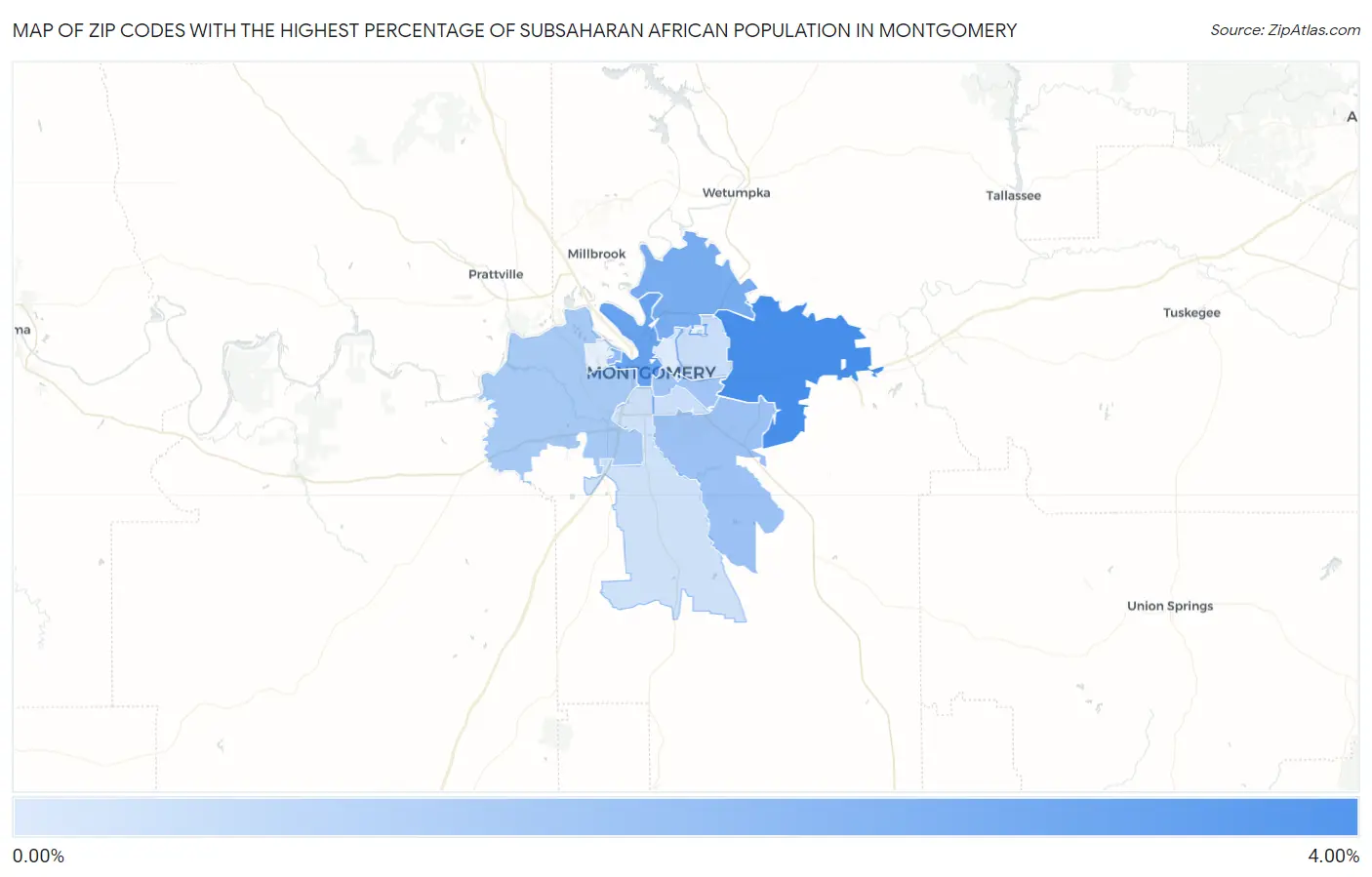 Zip Codes with the Highest Percentage of Subsaharan African Population in Montgomery Map