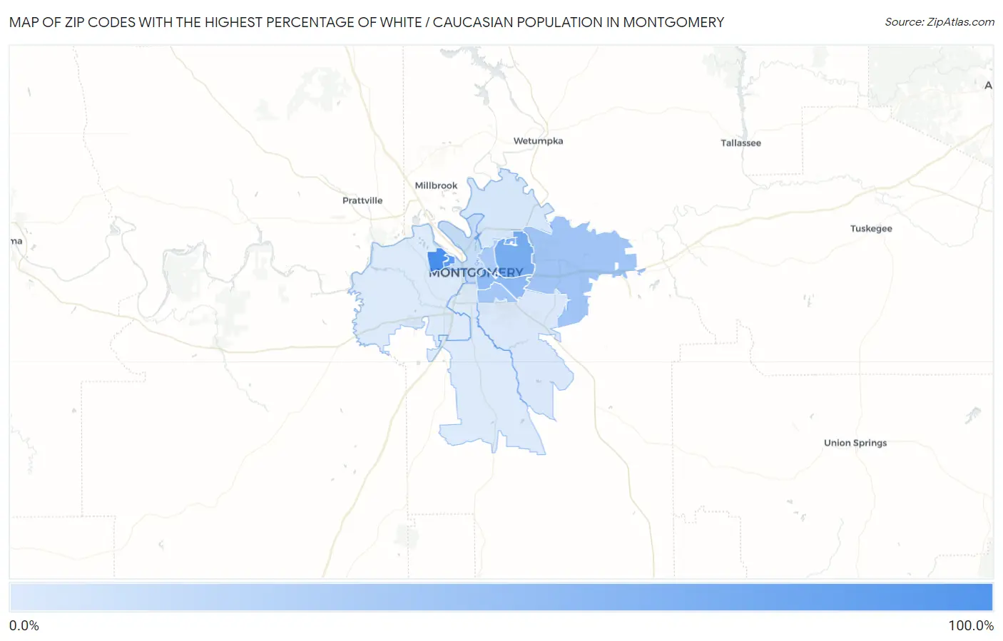 Zip Codes with the Highest Percentage of White / Caucasian Population in Montgomery Map