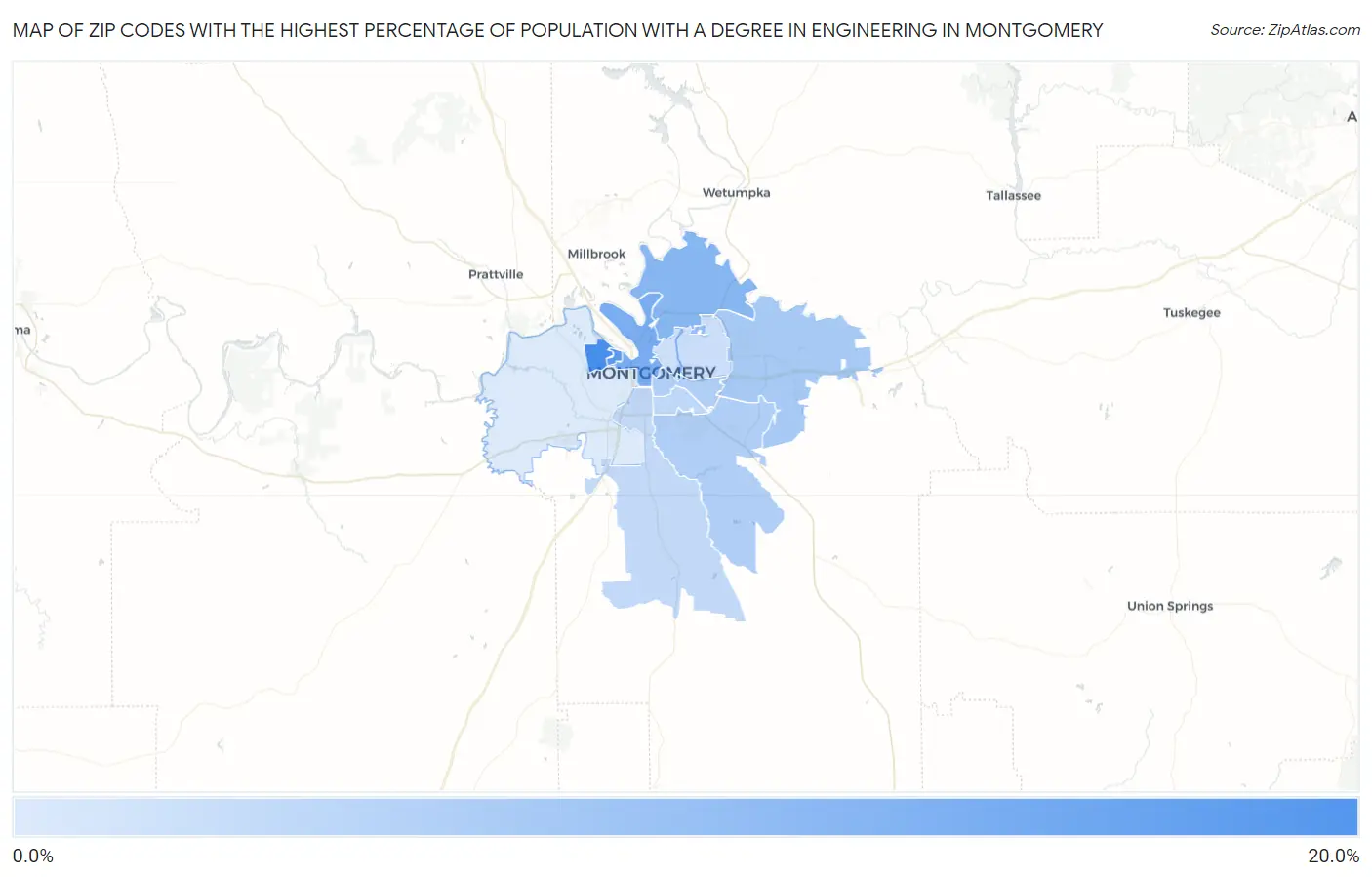 Zip Codes with the Highest Percentage of Population with a Degree in Engineering in Montgomery Map