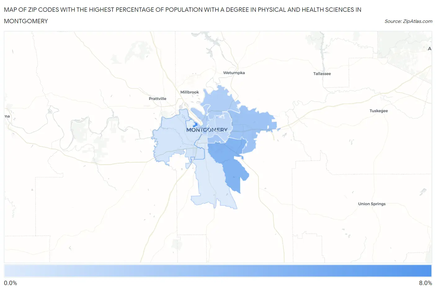 Zip Codes with the Highest Percentage of Population with a Degree in Physical and Health Sciences in Montgomery Map