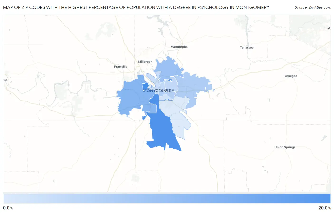 Zip Codes with the Highest Percentage of Population with a Degree in Psychology in Montgomery Map