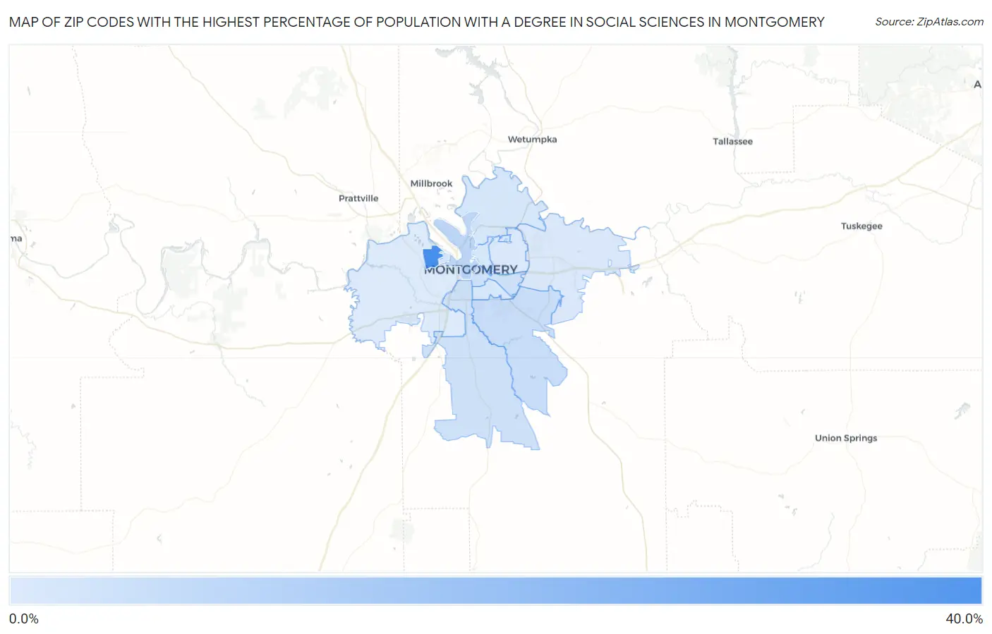 Zip Codes with the Highest Percentage of Population with a Degree in Social Sciences in Montgomery Map