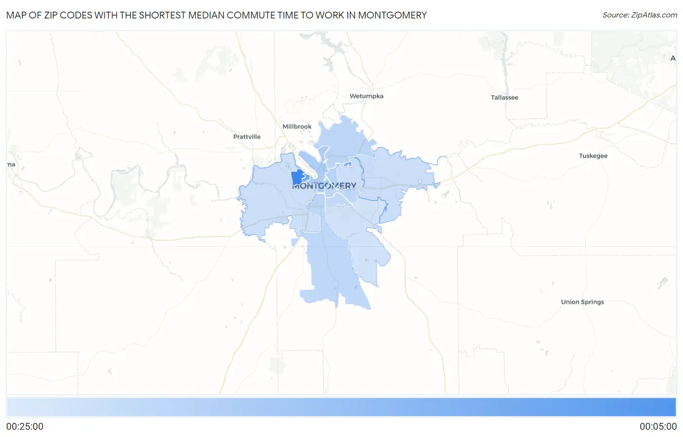 Zip Codes with the Shortest Median Commute Time to Work in Montgomery Map