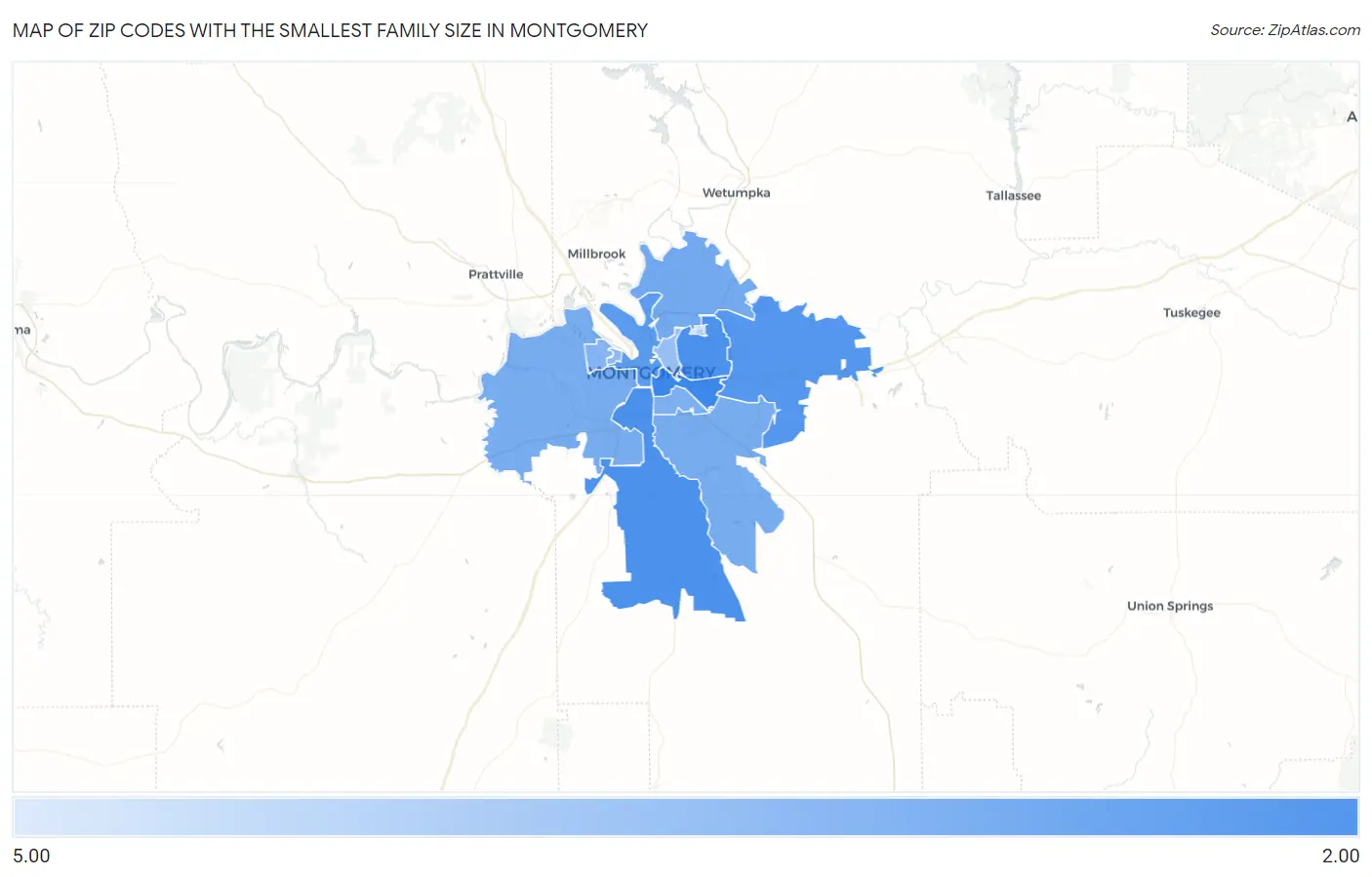 Zip Codes with the Smallest Family Size in Montgomery Map