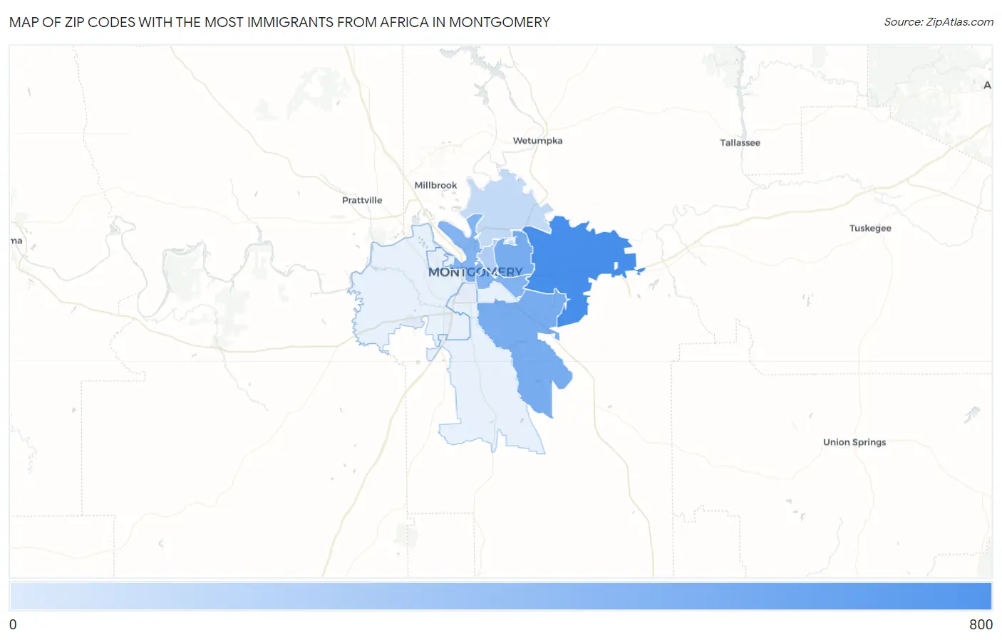 Zip Codes with the Most Immigrants from Africa in Montgomery Map
