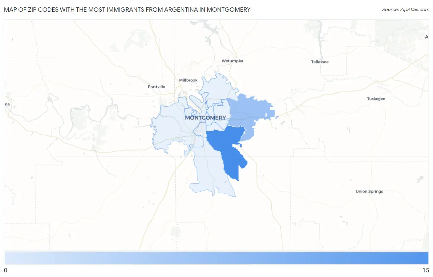Zip Codes with the Most Immigrants from Argentina in Montgomery Map