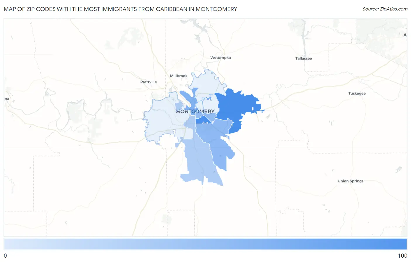 Zip Codes with the Most Immigrants from Caribbean in Montgomery Map