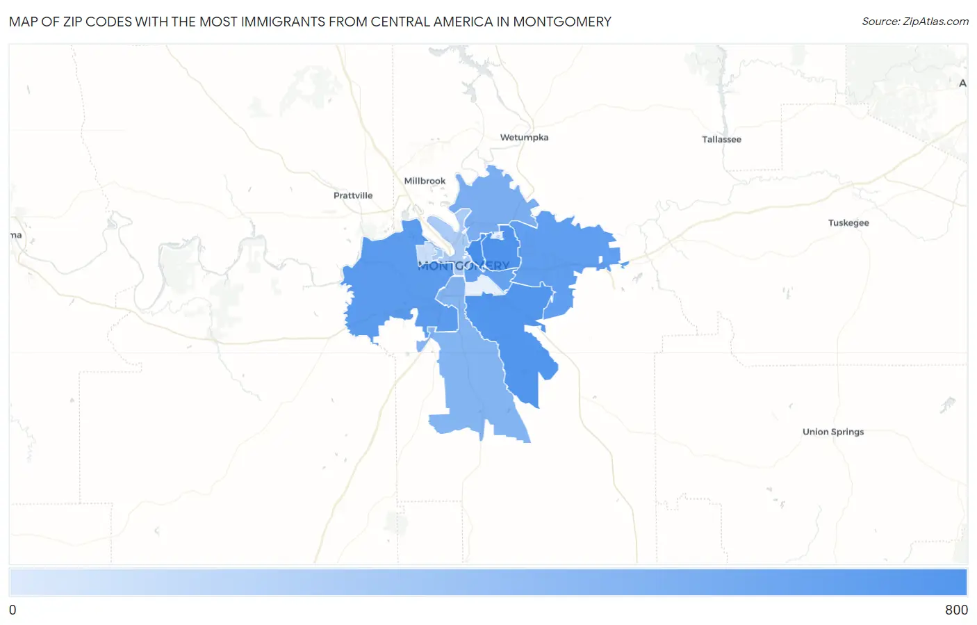 Zip Codes with the Most Immigrants from Central America in Montgomery Map