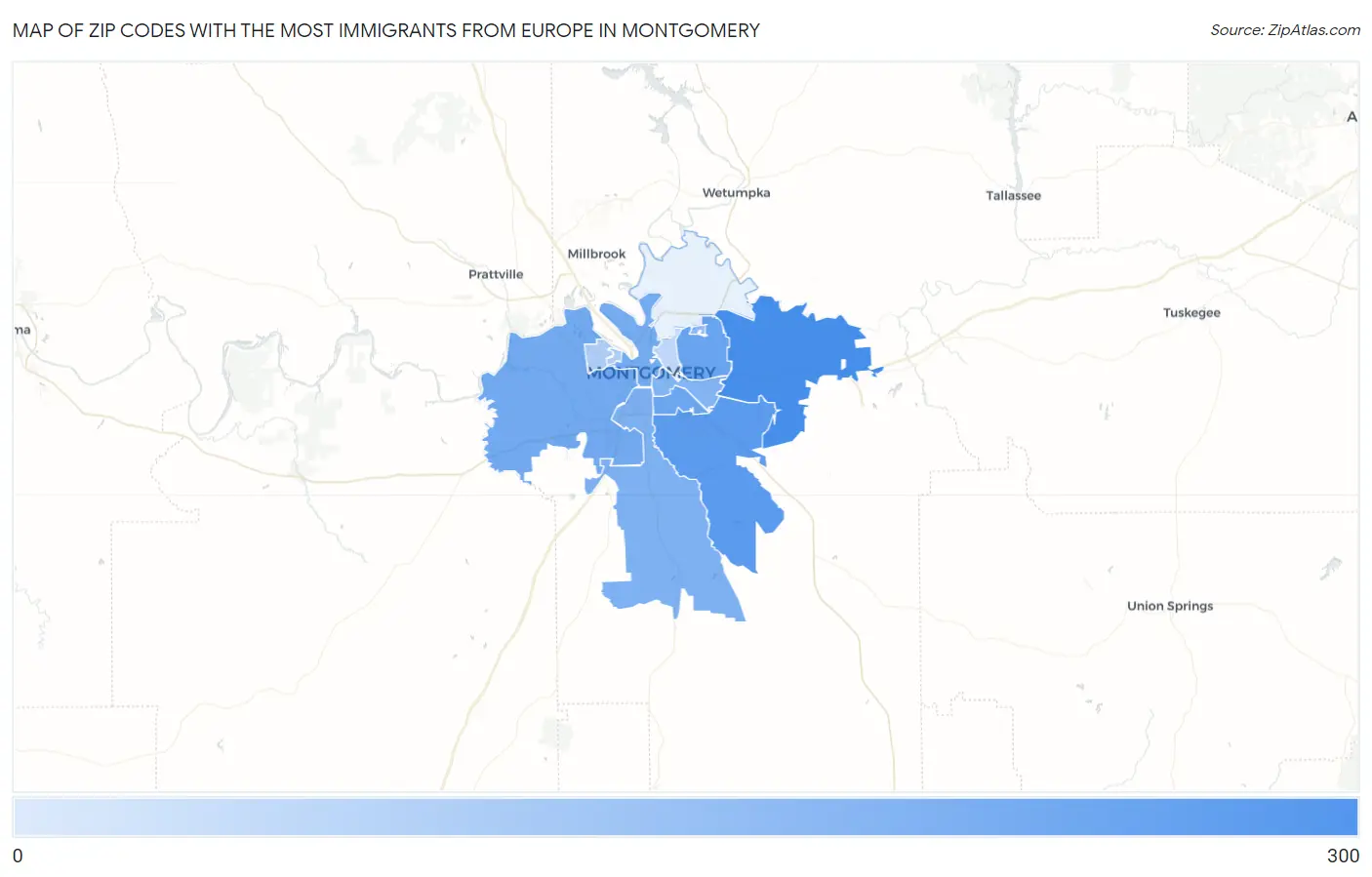 Zip Codes with the Most Immigrants from Europe in Montgomery Map