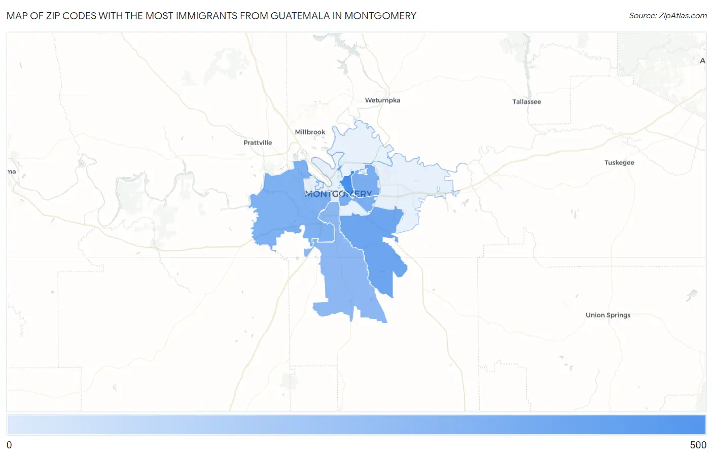 Zip Codes with the Most Immigrants from Guatemala in Montgomery Map