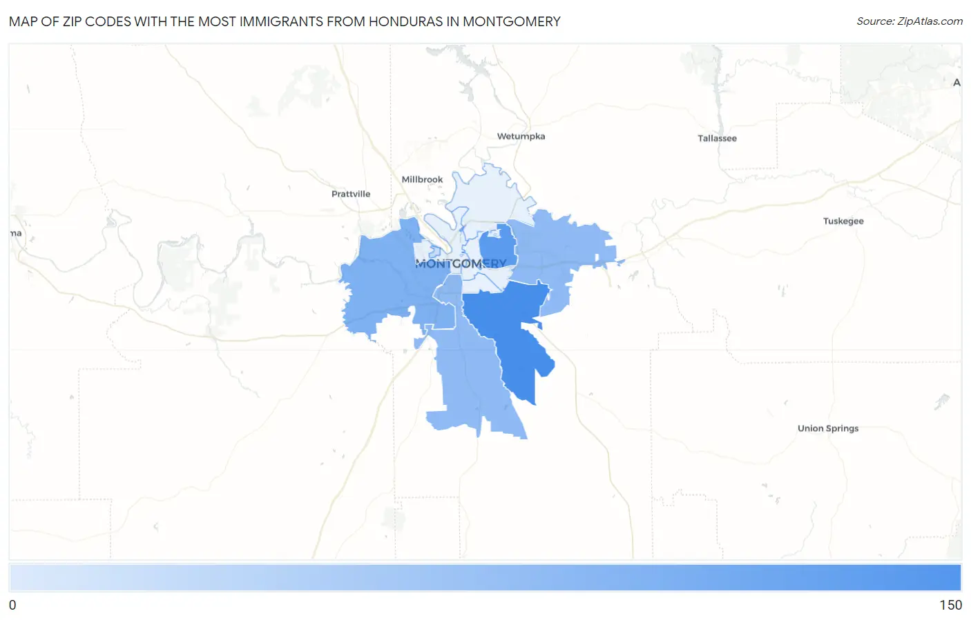 Zip Codes with the Most Immigrants from Honduras in Montgomery Map