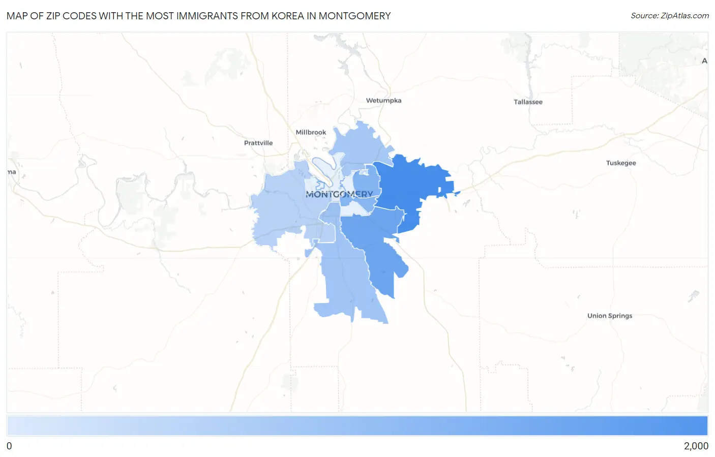 Zip Codes with the Most Immigrants from Korea in Montgomery Map