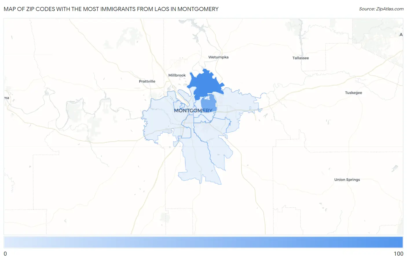Zip Codes with the Most Immigrants from Laos in Montgomery Map