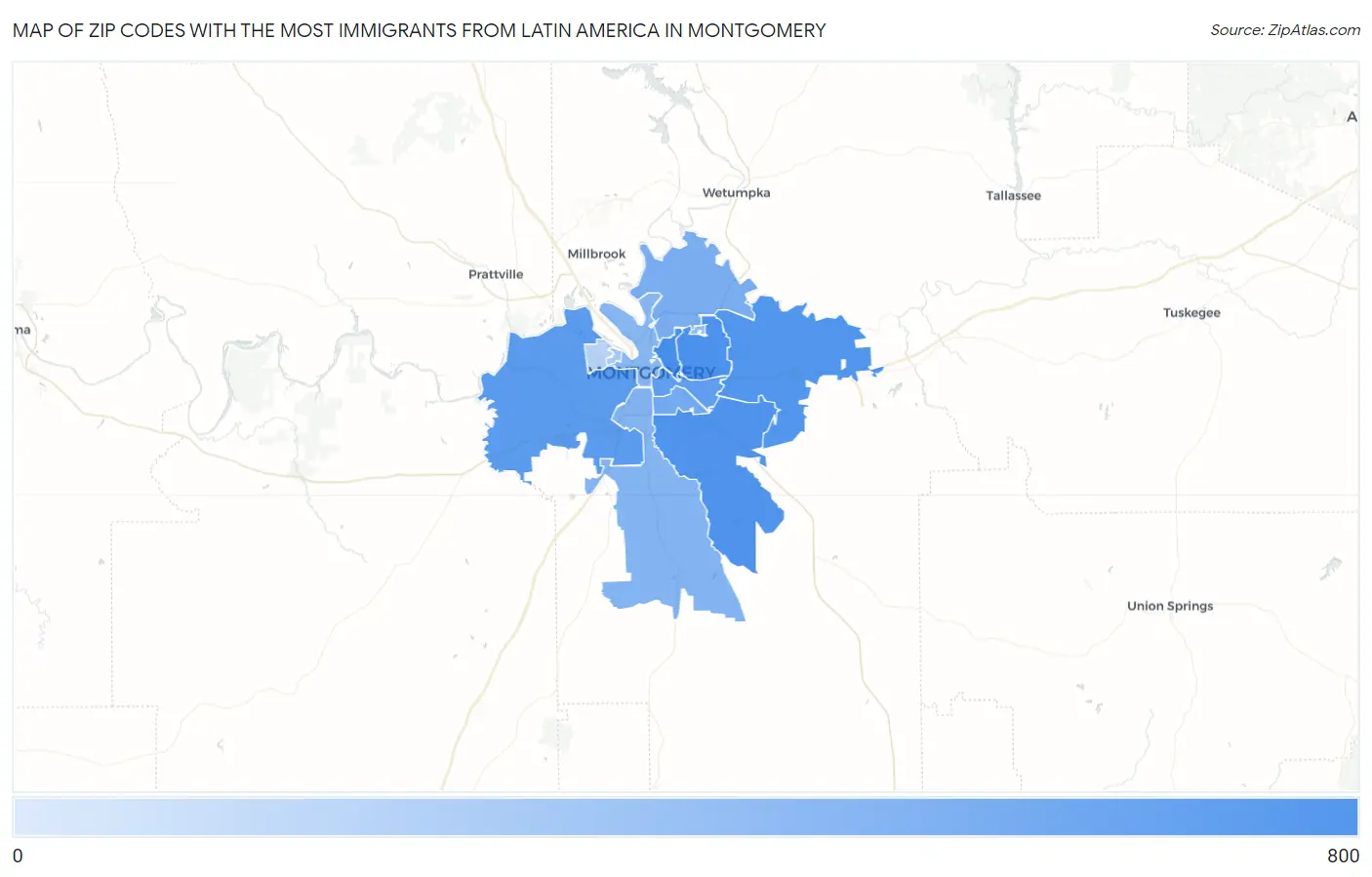 Zip Codes with the Most Immigrants from Latin America in Montgomery Map