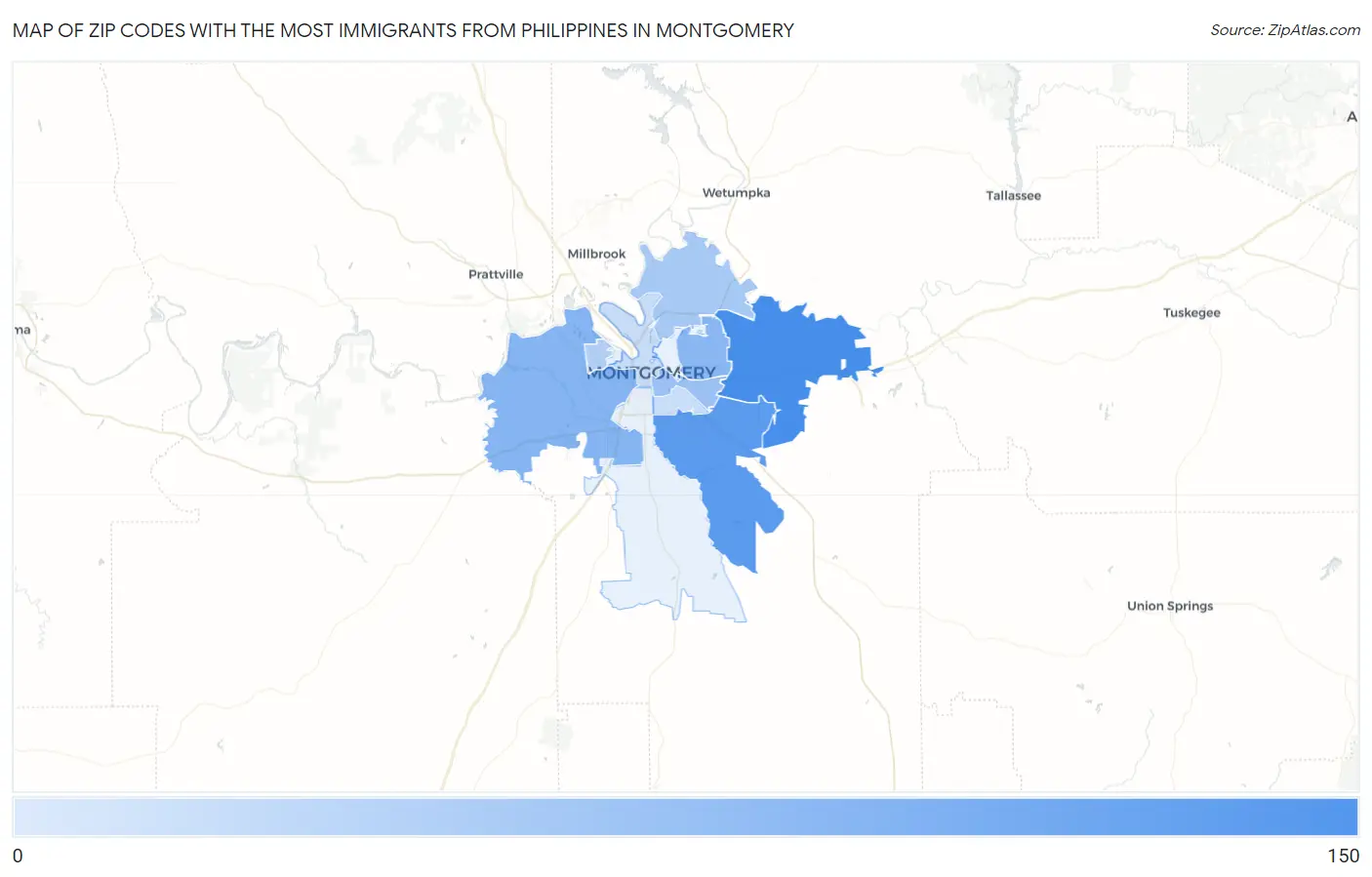 Zip Codes with the Most Immigrants from Philippines in Montgomery Map