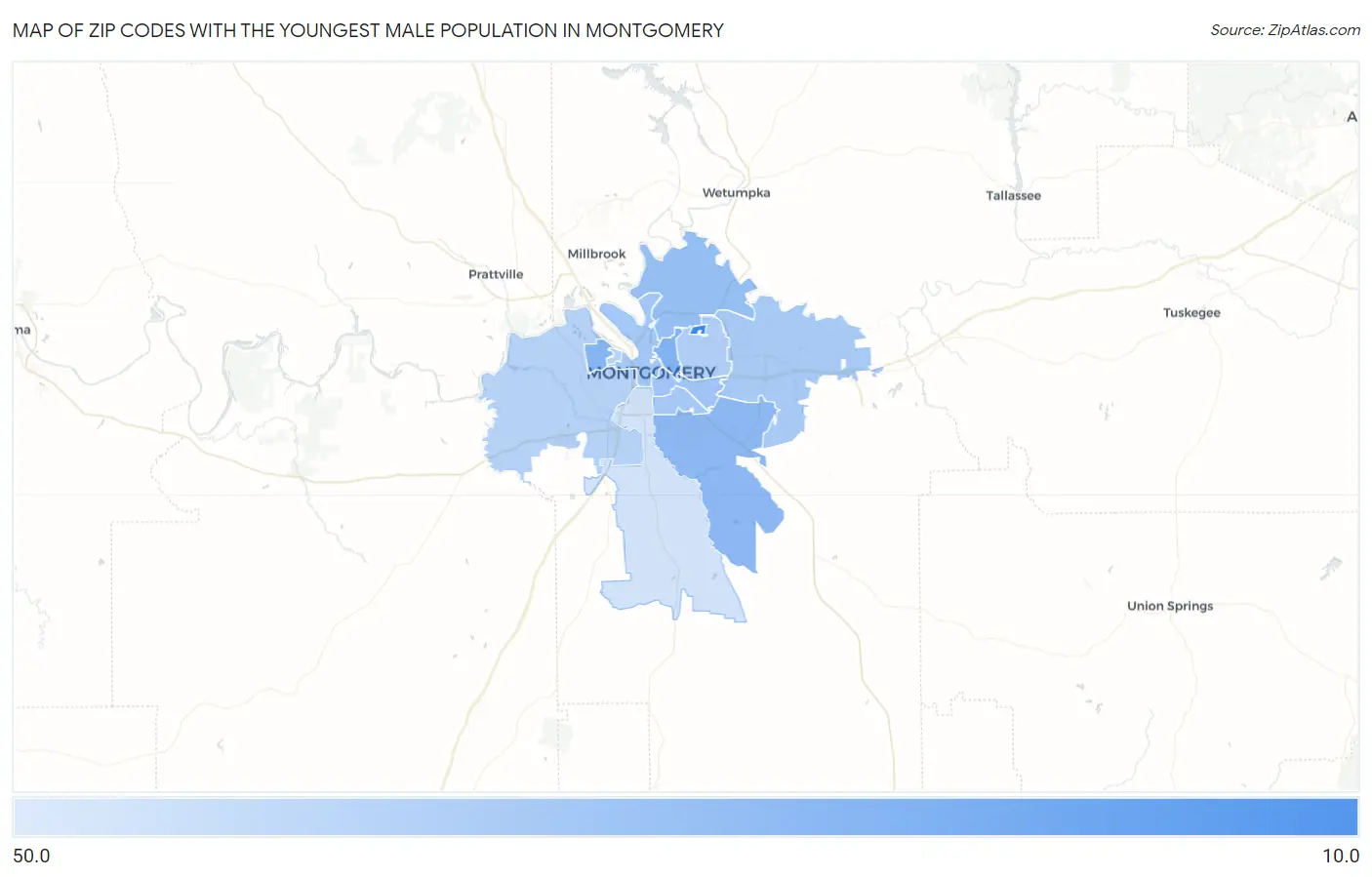 Zip Codes with the Youngest Male Population in Montgomery Map