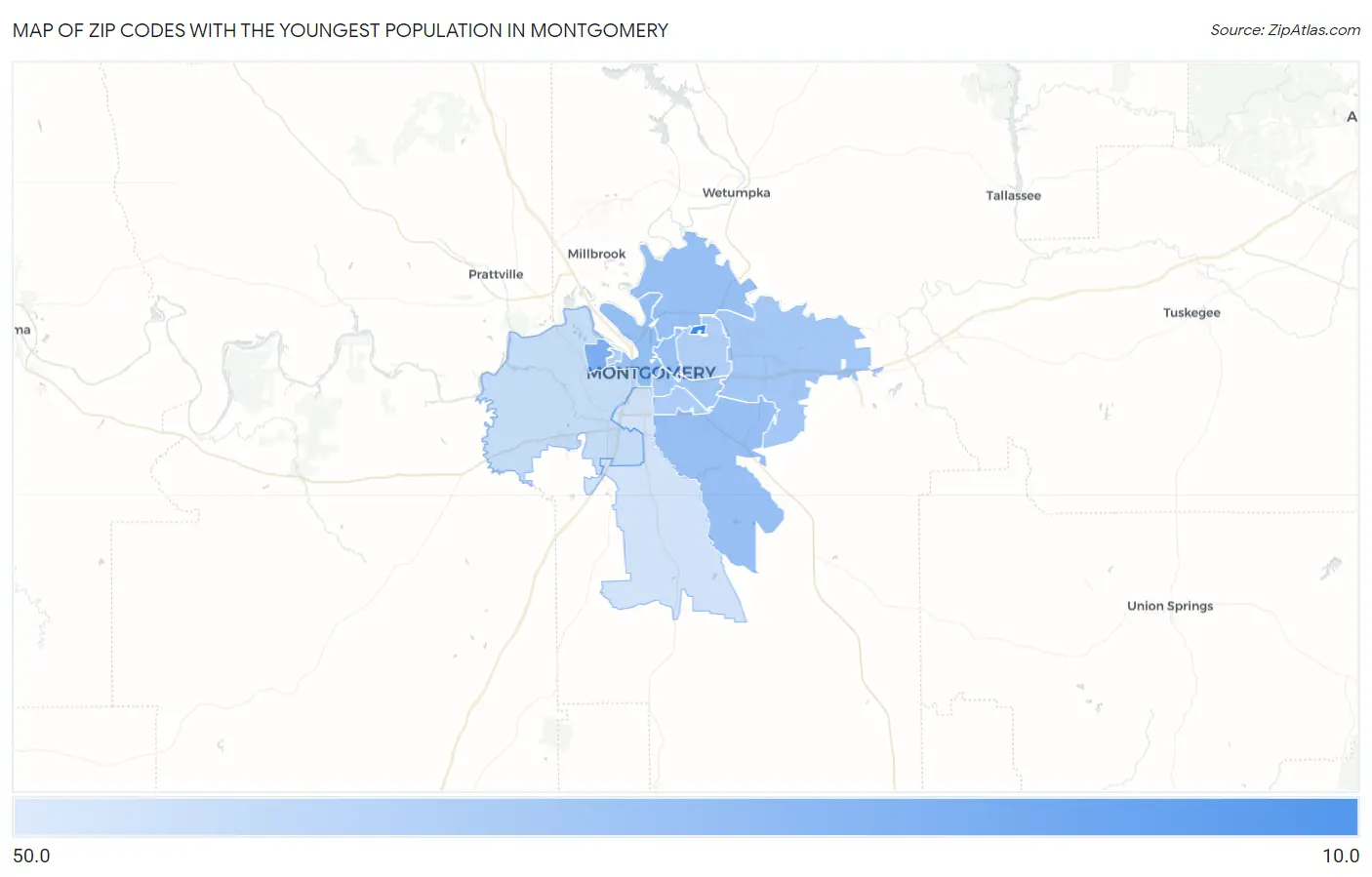 Zip Codes with the Youngest Population in Montgomery Map