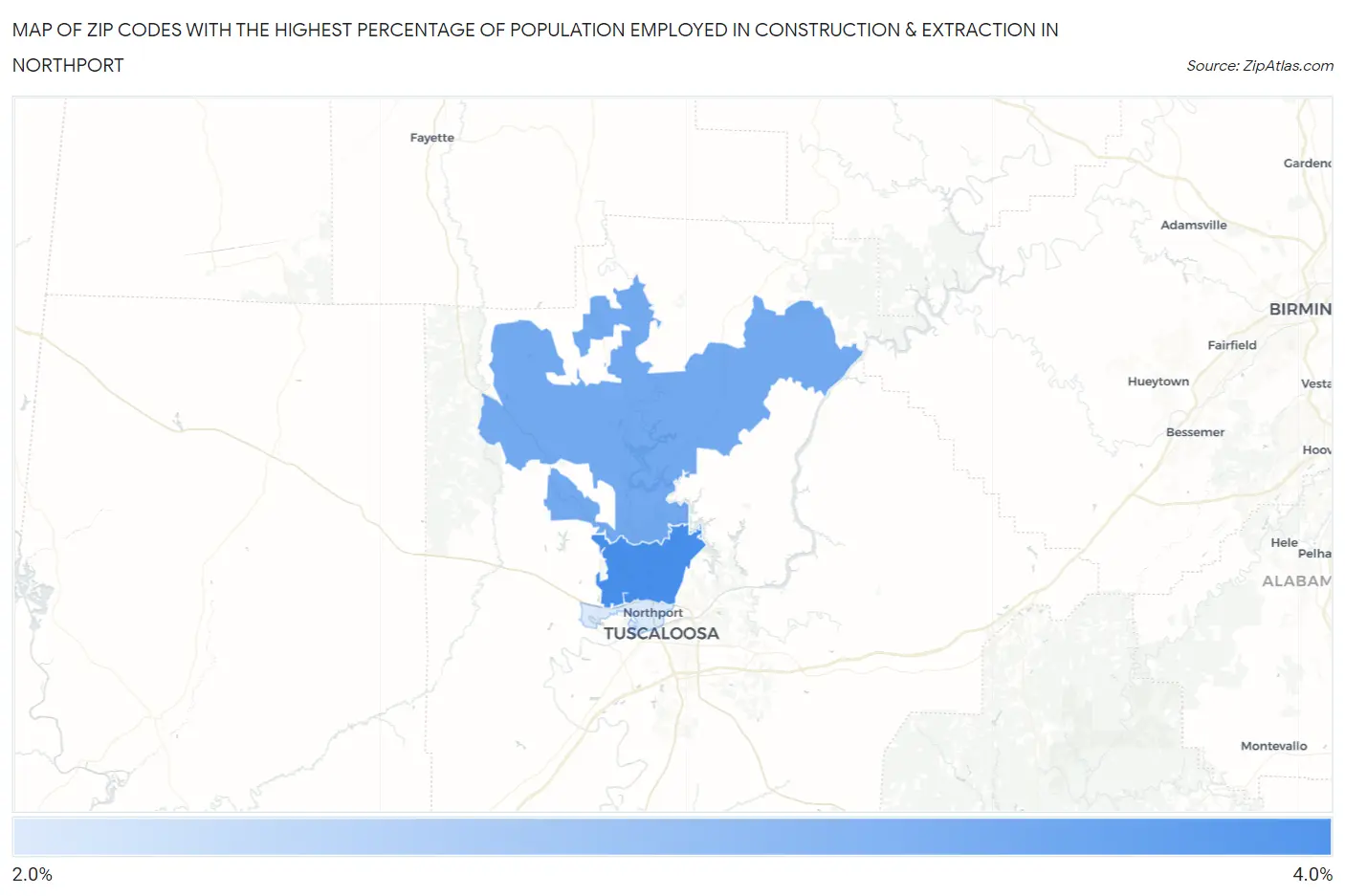 Zip Codes with the Highest Percentage of Population Employed in Construction & Extraction in Northport Map