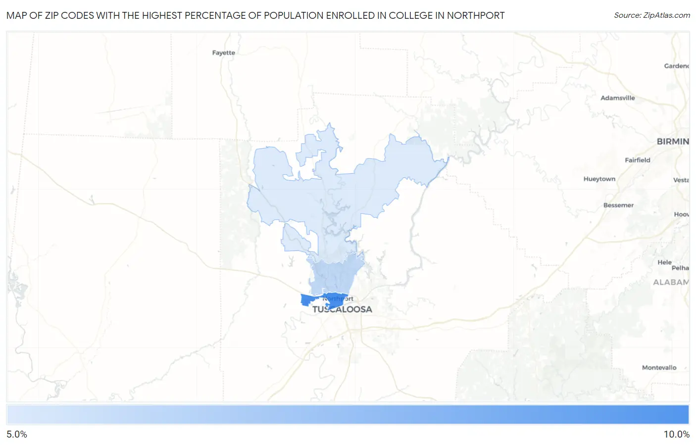 Zip Codes with the Highest Percentage of Population Enrolled in College in Northport Map
