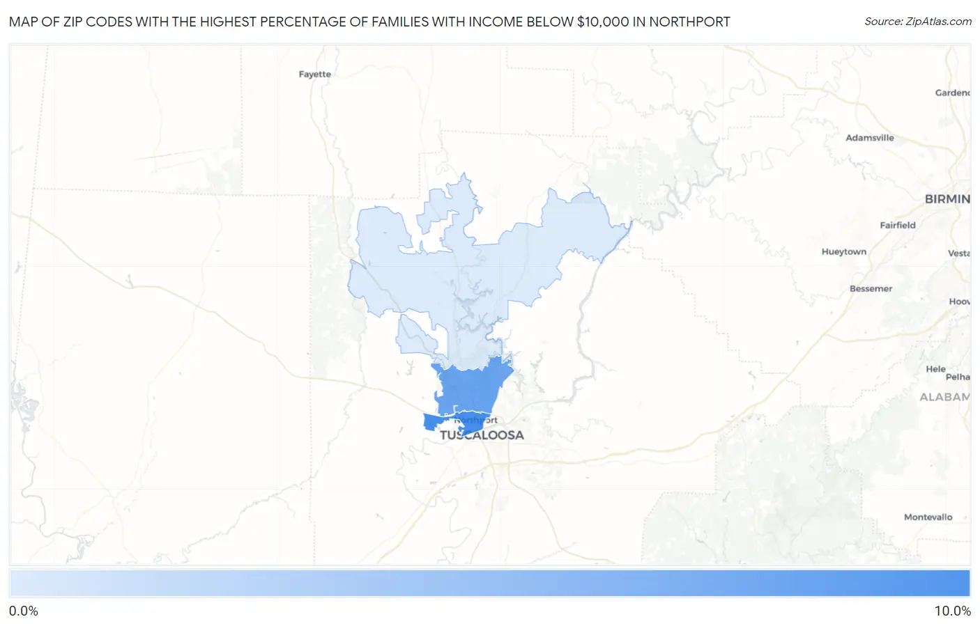 Zip Codes with the Highest Percentage of Families with Income Below $10,000 in Northport Map