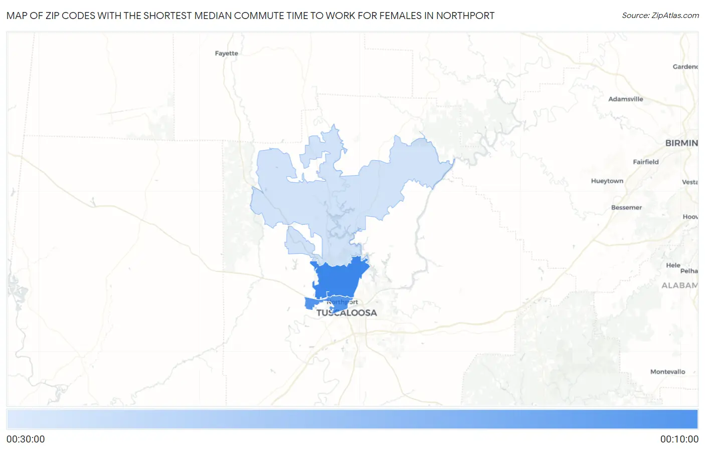 Zip Codes with the Shortest Median Commute Time to Work for Females in Northport Map