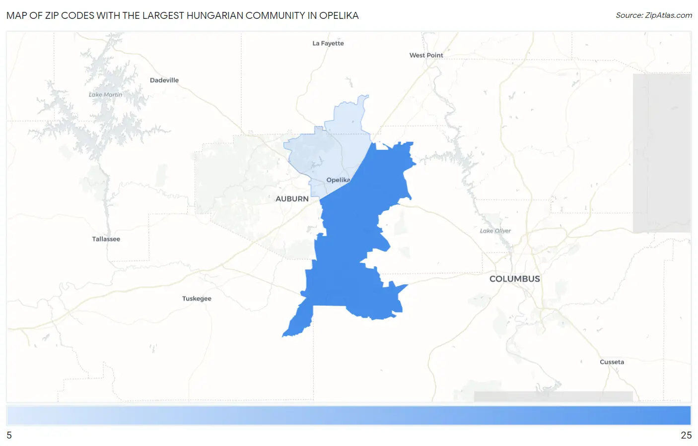 Zip Codes with the Largest Hungarian Community in Opelika Map