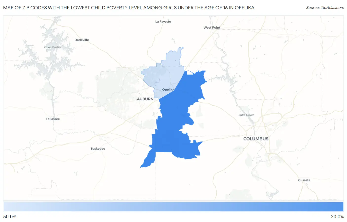 Zip Codes with the Lowest Child Poverty Level Among Girls Under the Age of 16 in Opelika Map
