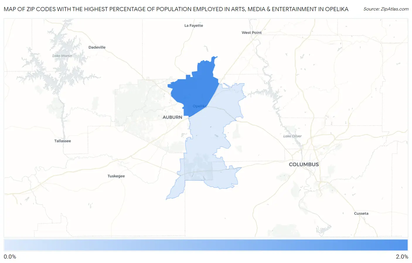 Zip Codes with the Highest Percentage of Population Employed in Arts, Media & Entertainment in Opelika Map