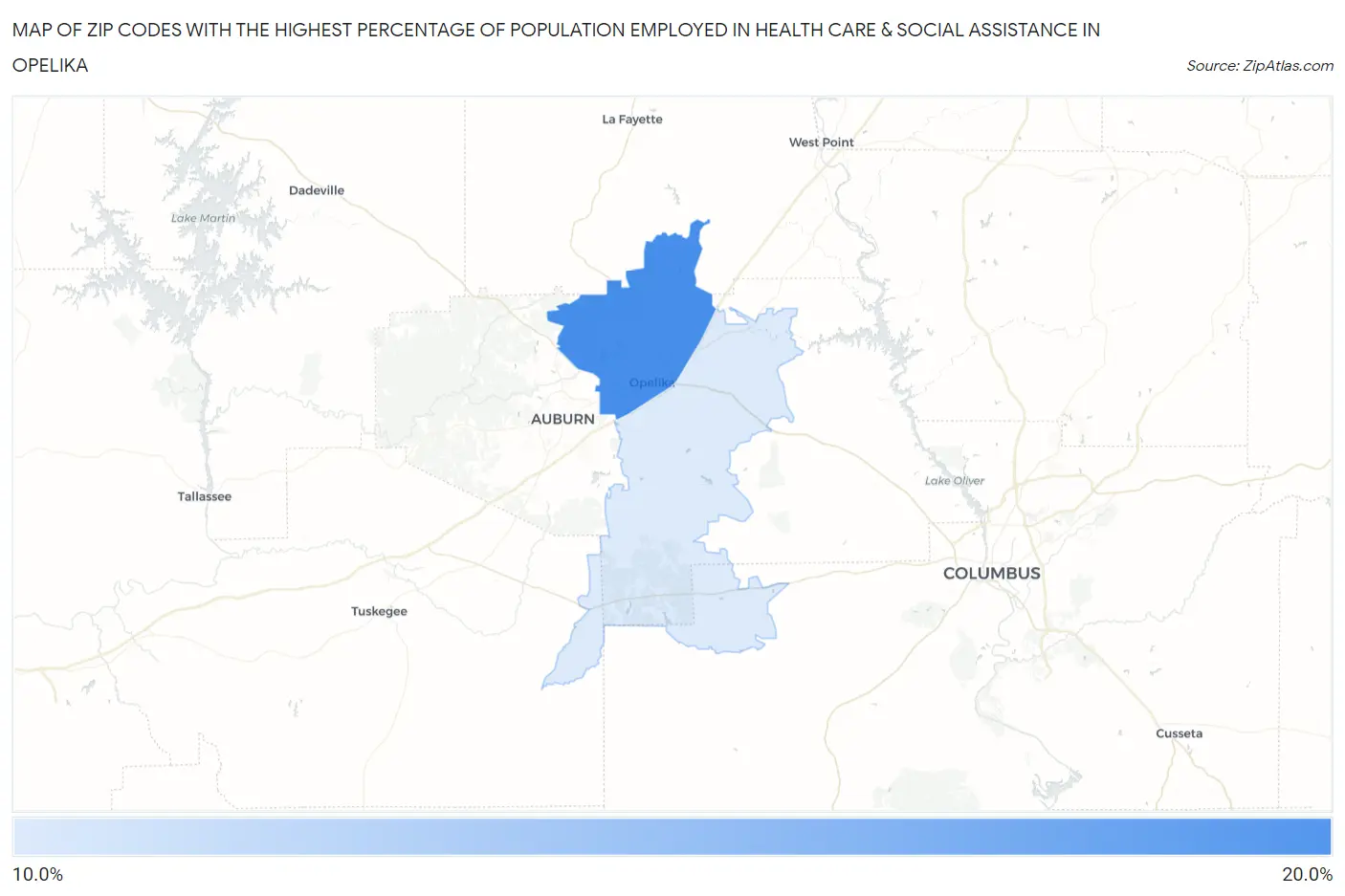 Zip Codes with the Highest Percentage of Population Employed in Health Care & Social Assistance in Opelika Map