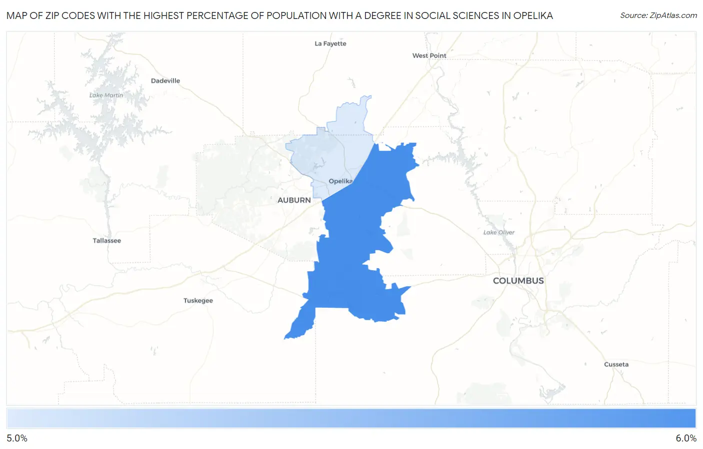 Zip Codes with the Highest Percentage of Population with a Degree in Social Sciences in Opelika Map