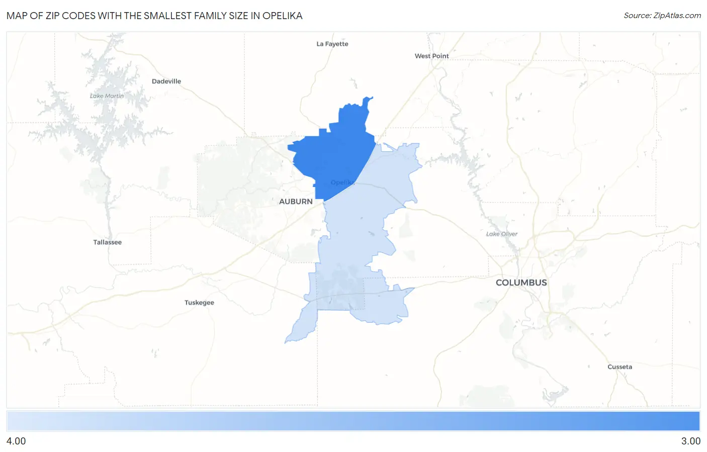 Zip Codes with the Smallest Family Size in Opelika Map