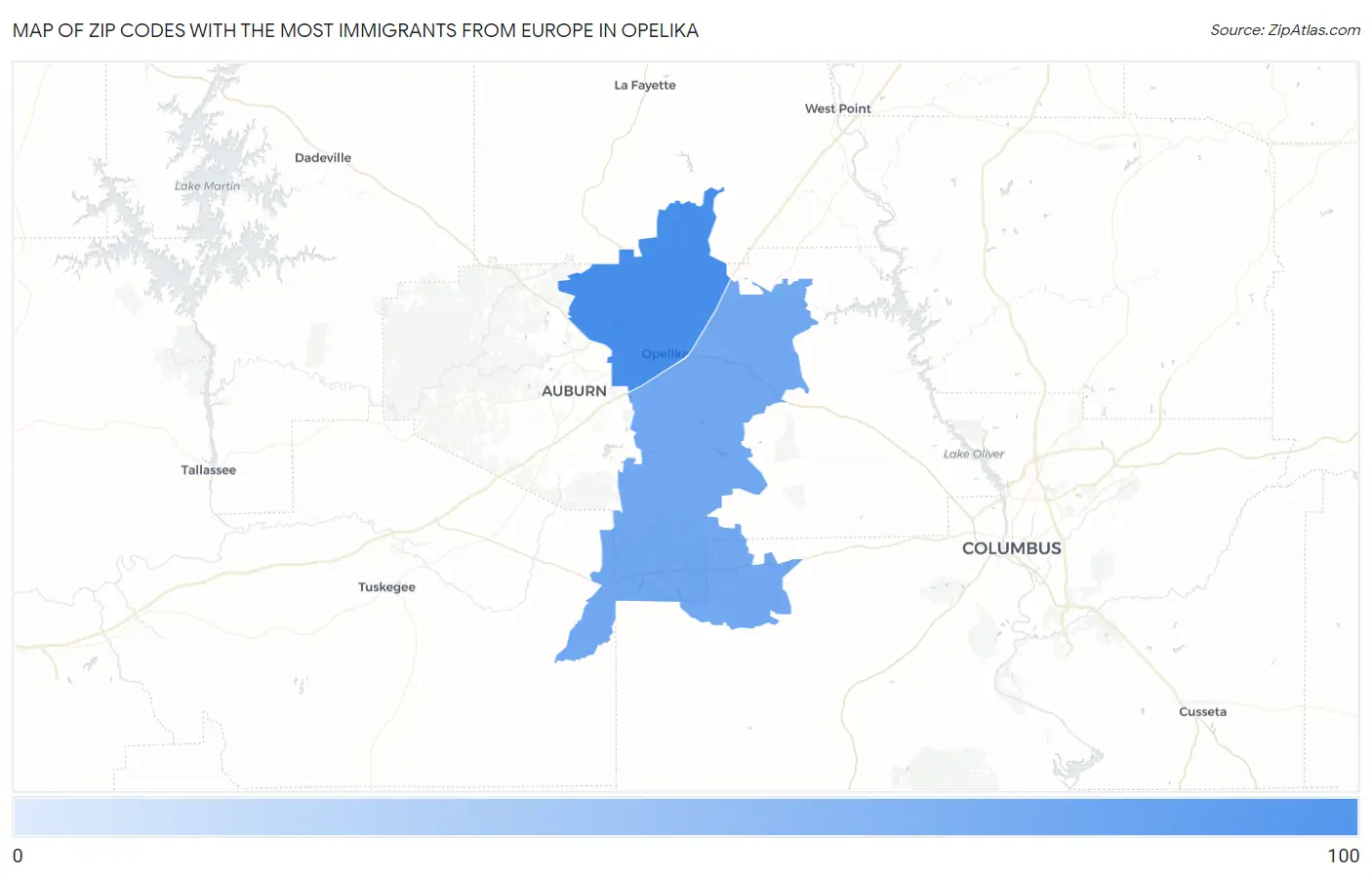 Zip Codes with the Most Immigrants from Europe in Opelika Map