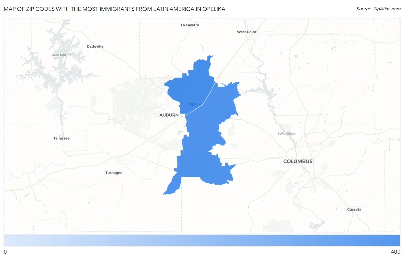 Zip Codes with the Most Immigrants from Latin America in Opelika Map