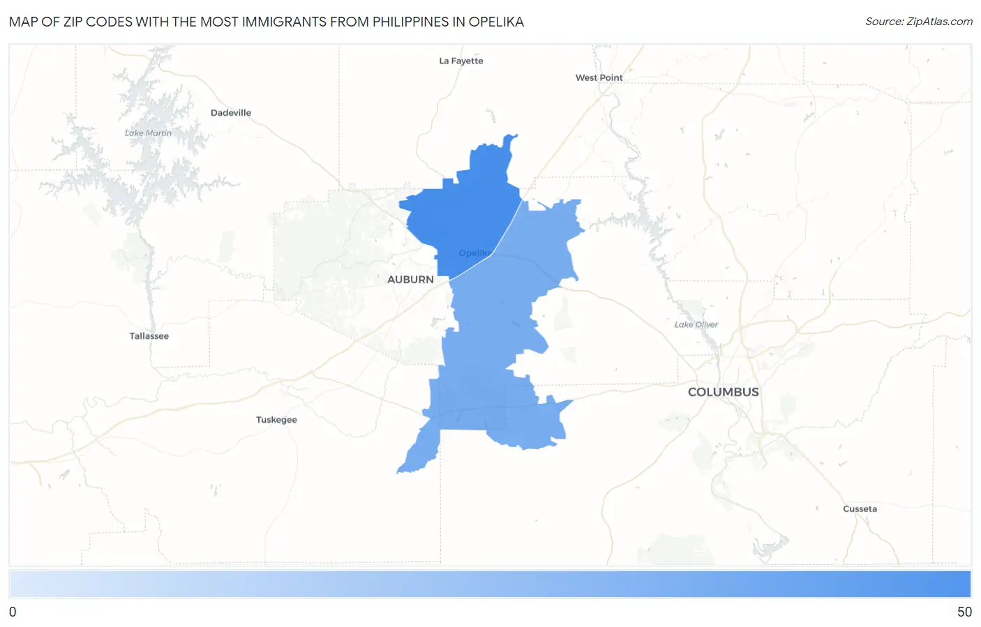 Zip Codes with the Most Immigrants from Philippines in Opelika Map