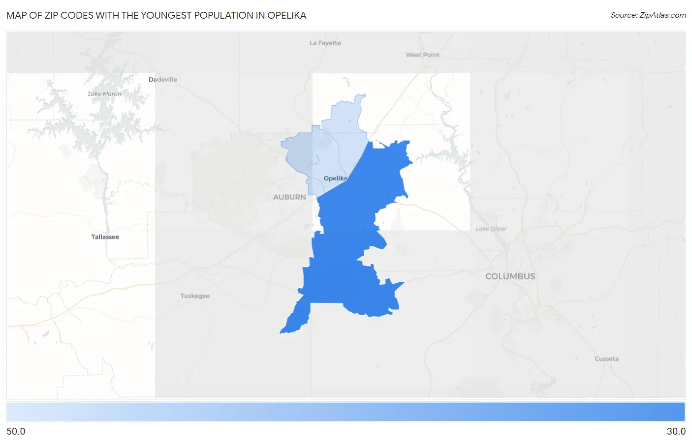 Zip Codes with the Youngest Population in Opelika Map