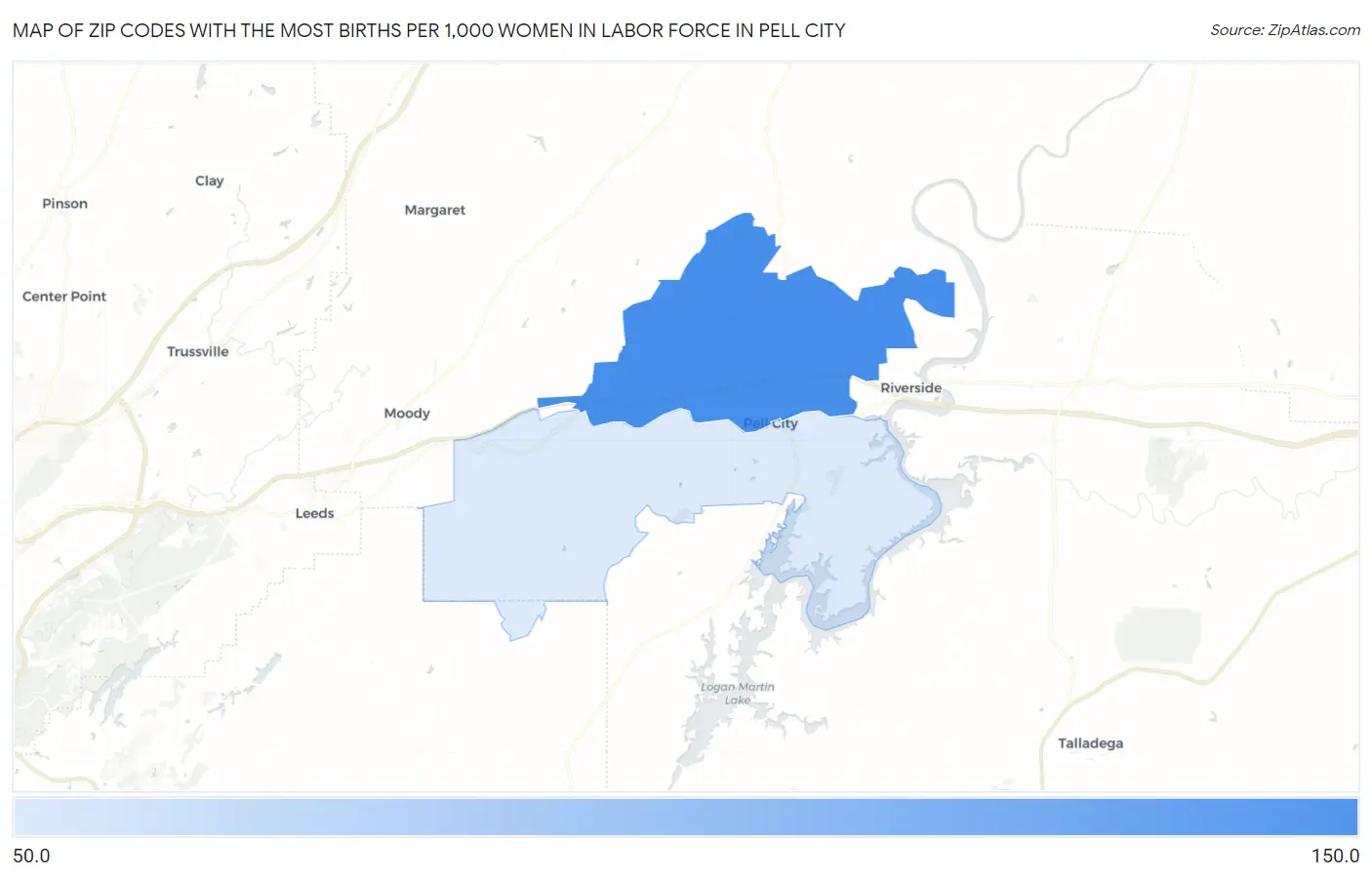 Zip Codes with the Most Births per 1,000 Women in Labor Force in Pell City Map