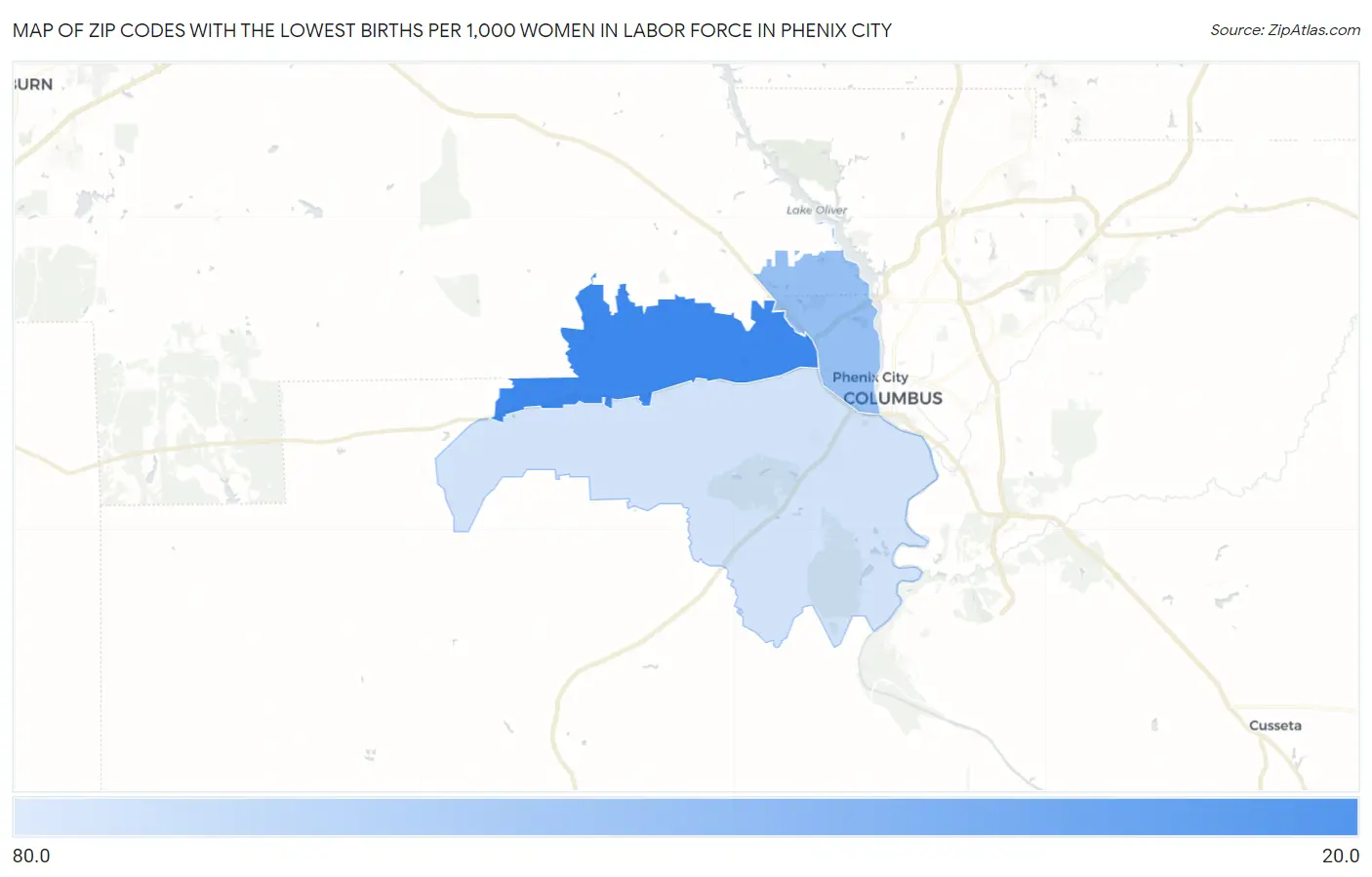 Zip Codes with the Lowest Births per 1,000 Women in Labor Force in Phenix City Map