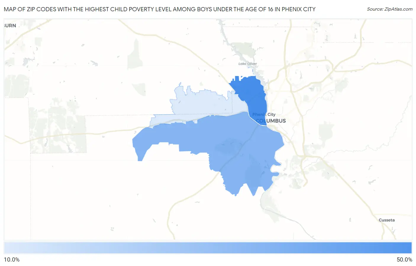 Zip Codes with the Highest Child Poverty Level Among Boys Under the Age of 16 in Phenix City Map