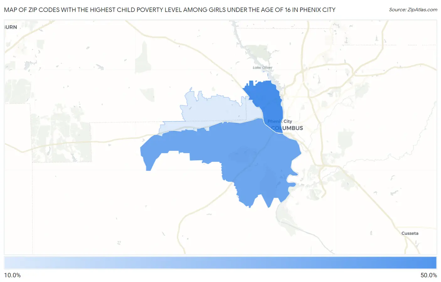 Zip Codes with the Highest Child Poverty Level Among Girls Under the Age of 16 in Phenix City Map