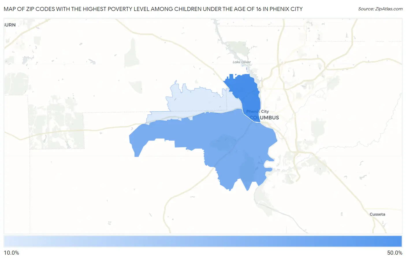 Zip Codes with the Highest Poverty Level Among Children Under the Age of 16 in Phenix City Map